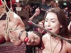 Pain loving slave girls tied up and toyed public BDSM