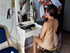 Cam in nudist barbershop. Hairdresser makes lady undress to cut her hair. Hairdresser, nudism. CAM 1 scene 1