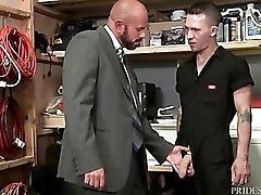 Bear in a business suit blows the repair guy