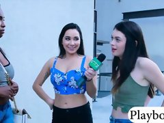 Sexy babes get payed for flashing boobs