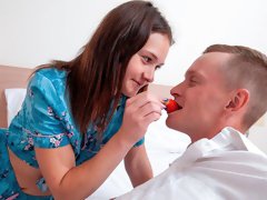 Teen enjoys cock, berry & cum