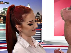CFNM British redhead sucks cock on live TV show