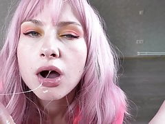Girl with Pink Hair Sucking & Jerking Off Dick until Cumshot in Mouth
