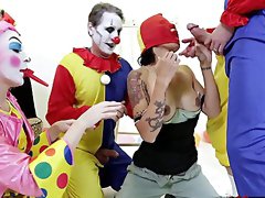 Asian tries clowns for MMF sex in merciless scenes